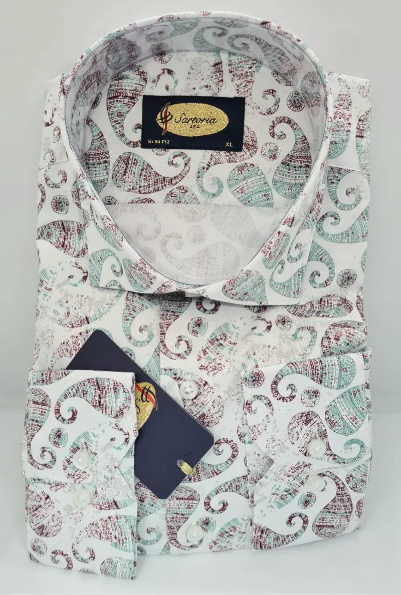 Paisley patterned shirt with a brand label on a light gray background