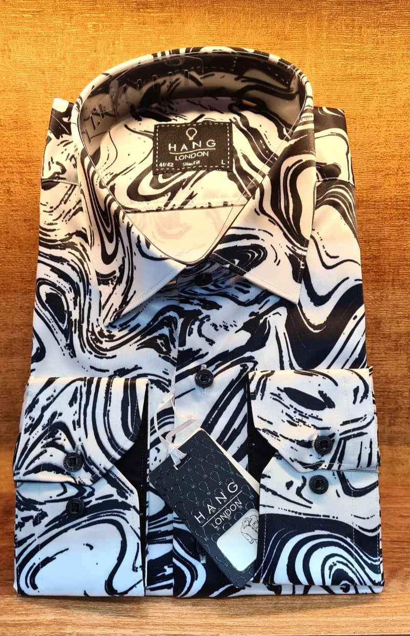 Infynite Black & White Marble Print Slim Fit Dress Shirt