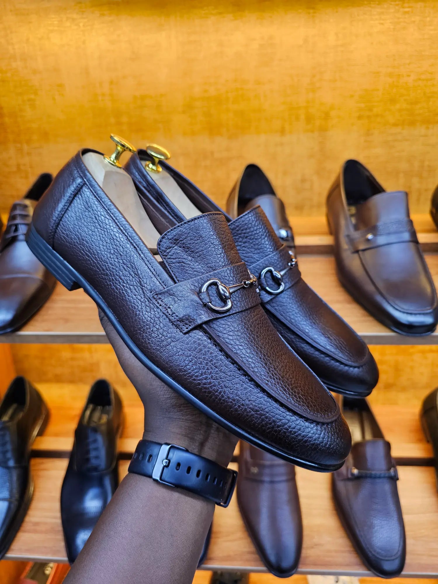 Black Leather Snaffle Trim Loafers