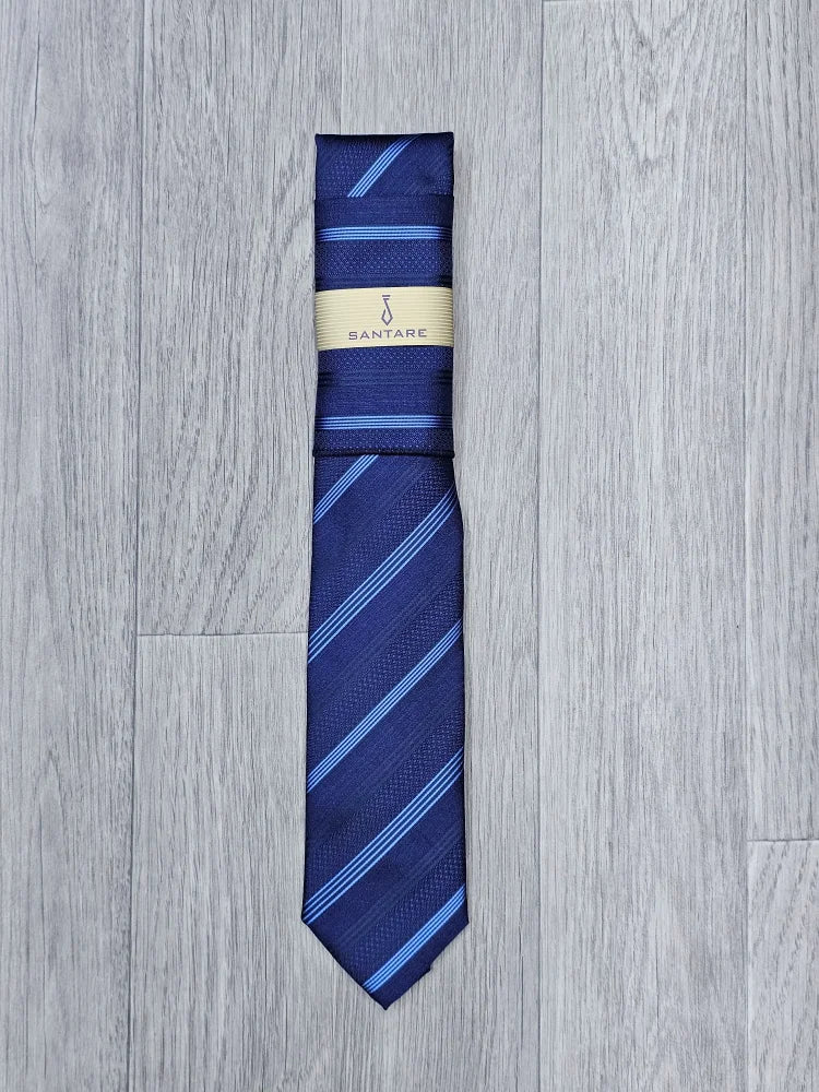 Santare Navy Sky Blue Striped Tie & Pocket Square Set