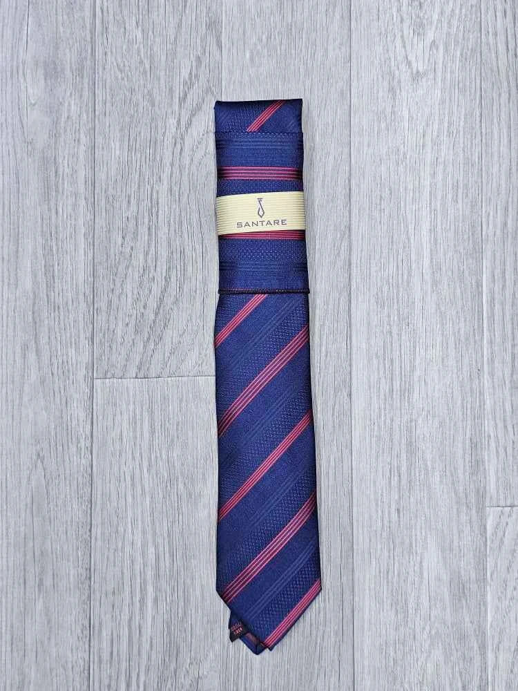 Santare Navy Burgundy Striped Tie & Pocket Square Set