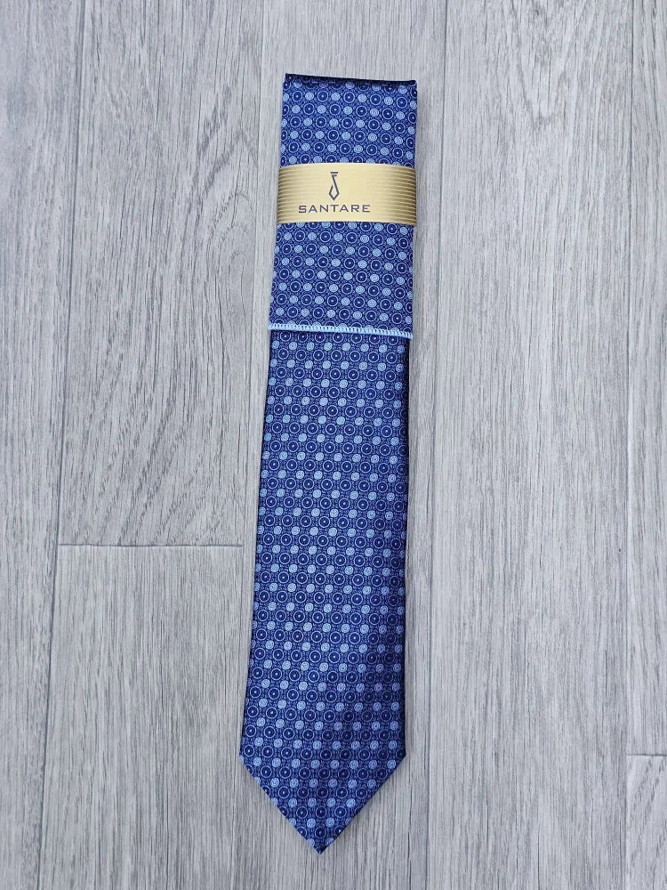 Santare Royal Blue Circle Pattern Tie & Pocket Square Set