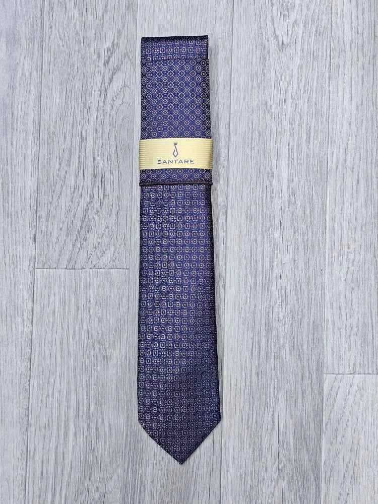 Santare Navy Purple Geometric Tie & Pocket Square Set