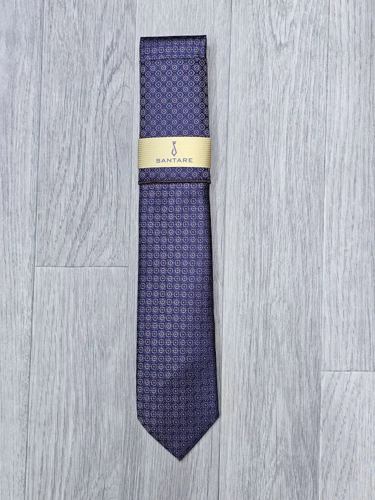 Santare Navy Purple Geometric Tie & Pocket Square Set