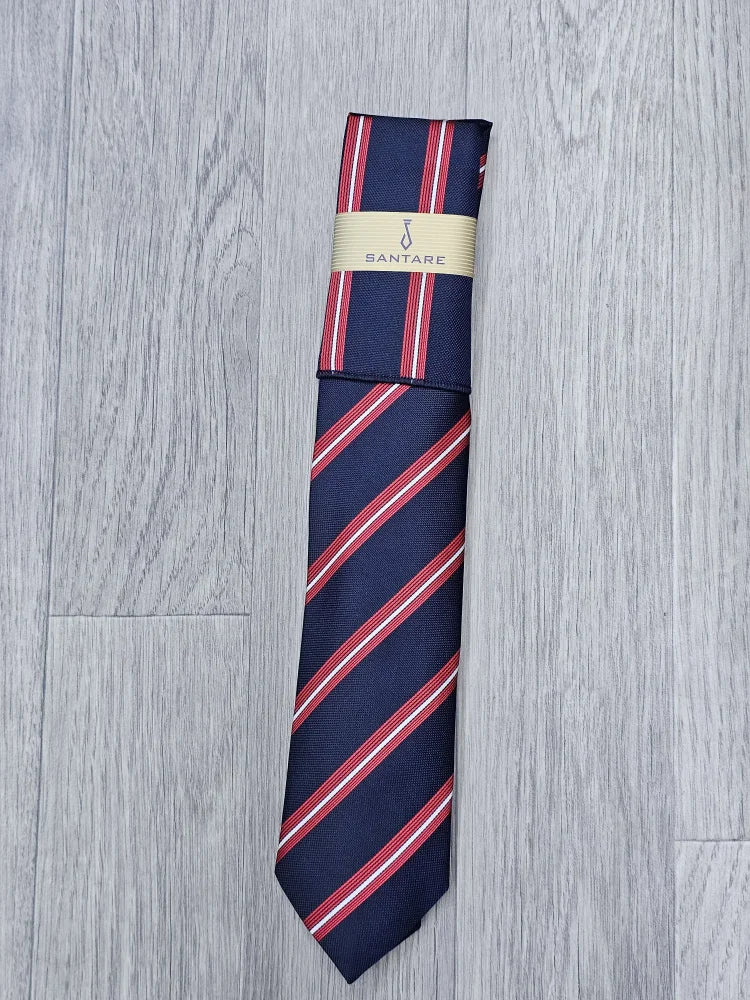 Santare Navy Red Striped Tie & Pocket Square Set