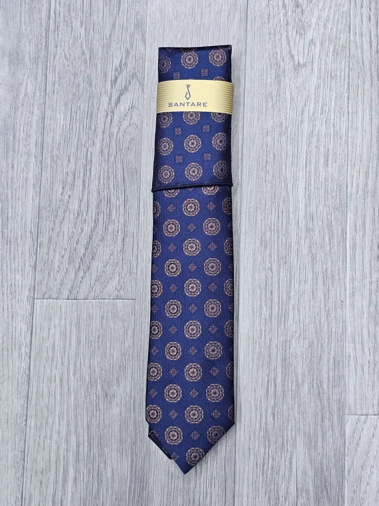 Santare Navy Gold Medallion Tie & Pocket Square Set