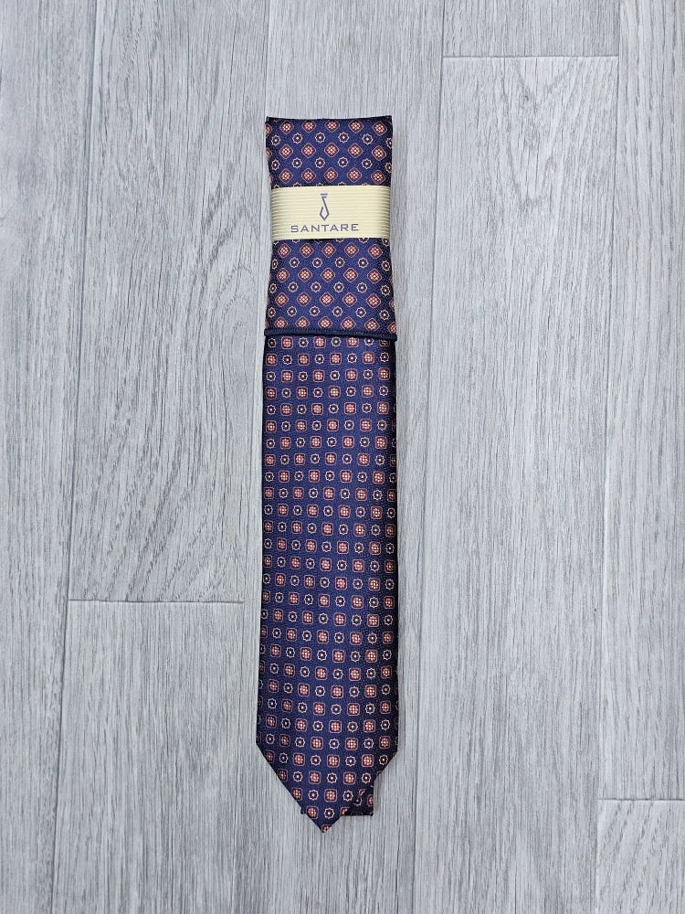 Santare Navy Copper Medallion Tie & Pocket Square Set