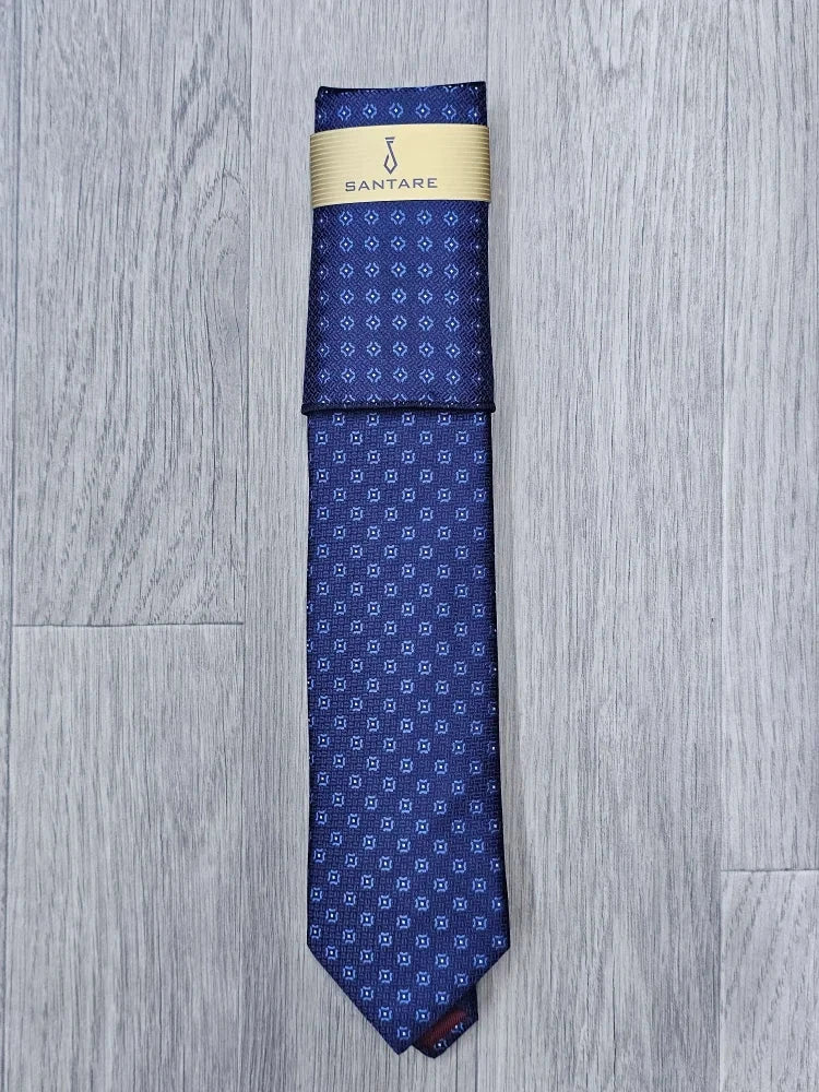 Santare Navy Blue Geometric Tie & Pocket Square Set