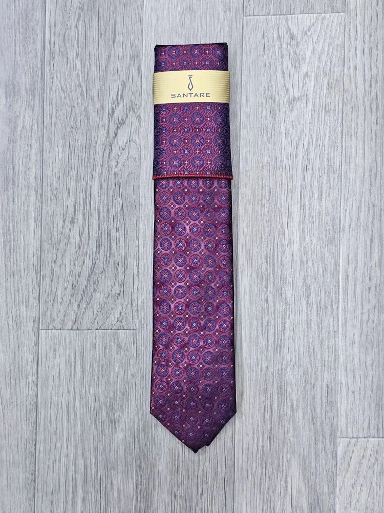 Santare Burgundy Blue Circle Tie & Pocket Square Set