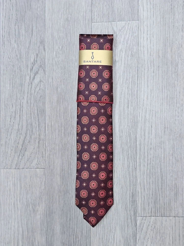 Santare Burgundy Gold Medallion Tie & Pocket Square Set