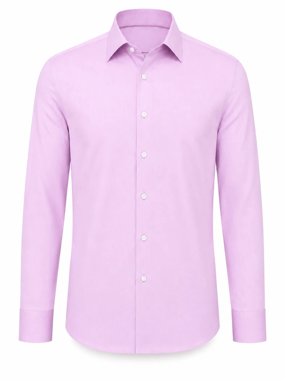 A light pink long-sleeve button-down dress shirt with a classic collar, shown on a plain white background.