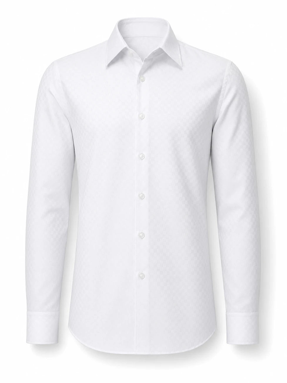A white long-sleeve button-down dress shirt with a subtle textured pattern, shown on a clean white background.