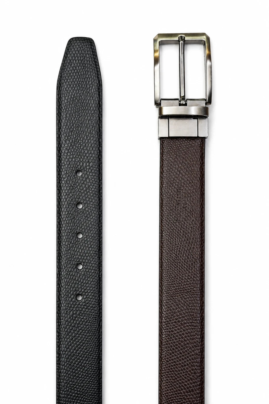 A men's leather watch strap shown in two views: a textured black strap on the left and a dark brown strap with a silver-toned buckle on the right, displayed against a solid white background.