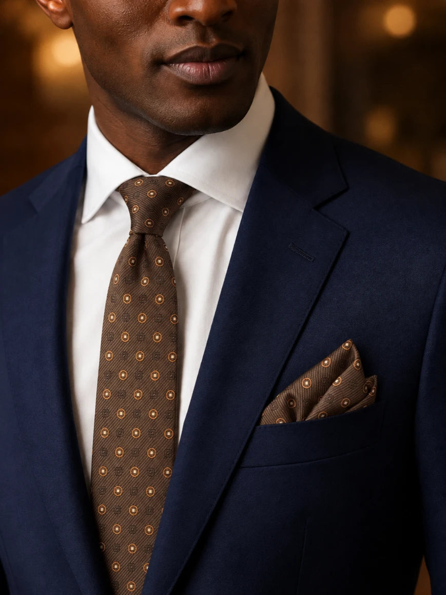 Infynite chocolate brown geometric medallion tie and matching pocket square set laid flat on white background