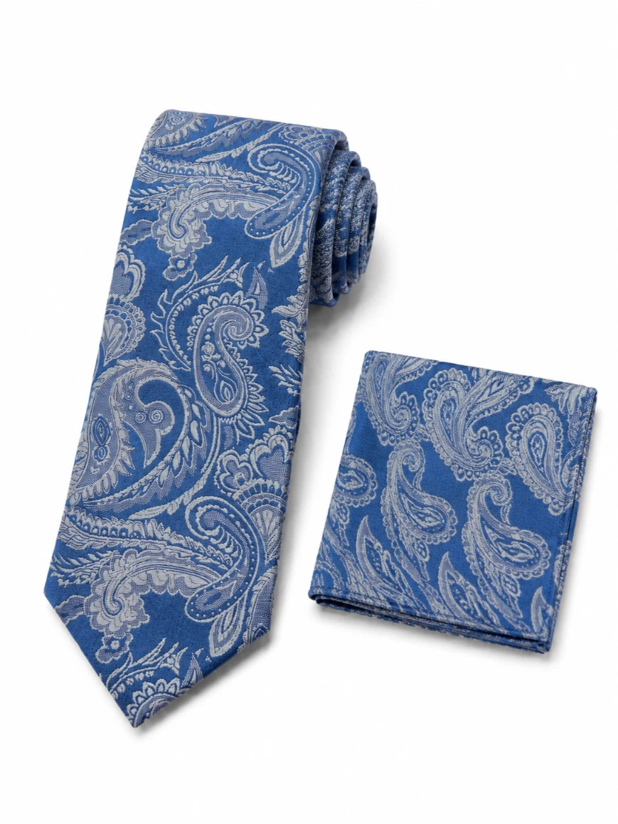 Infynite cornflower blue paisley jacquard tie and pocket square set with silver-blue woven pattern laid flat on white background