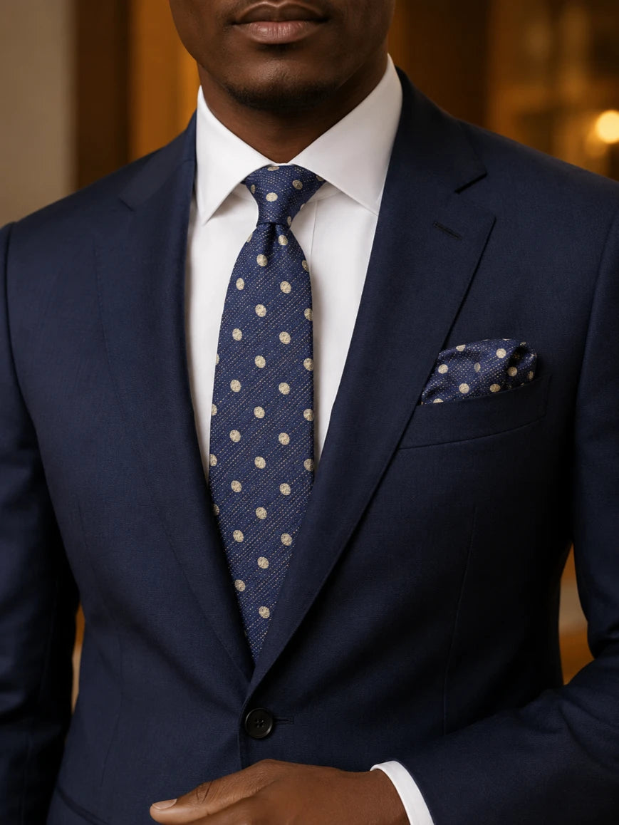 Infynite navy blue and champagne gold polka dot tie and pocket square set styled with a navy suit and white dress shirt