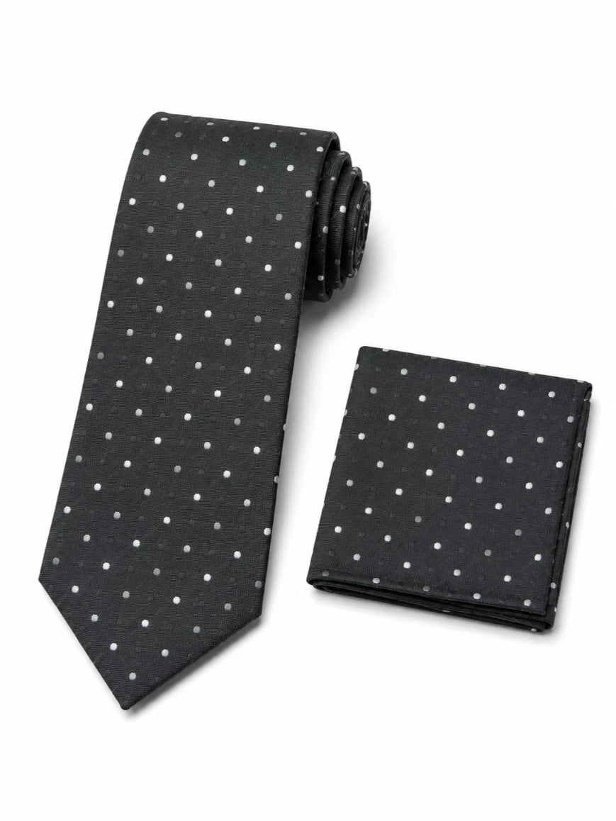 Infynite charcoal grey and white dual polka dot tie and pocket square set with fine ribbed woven base laid flat on white background