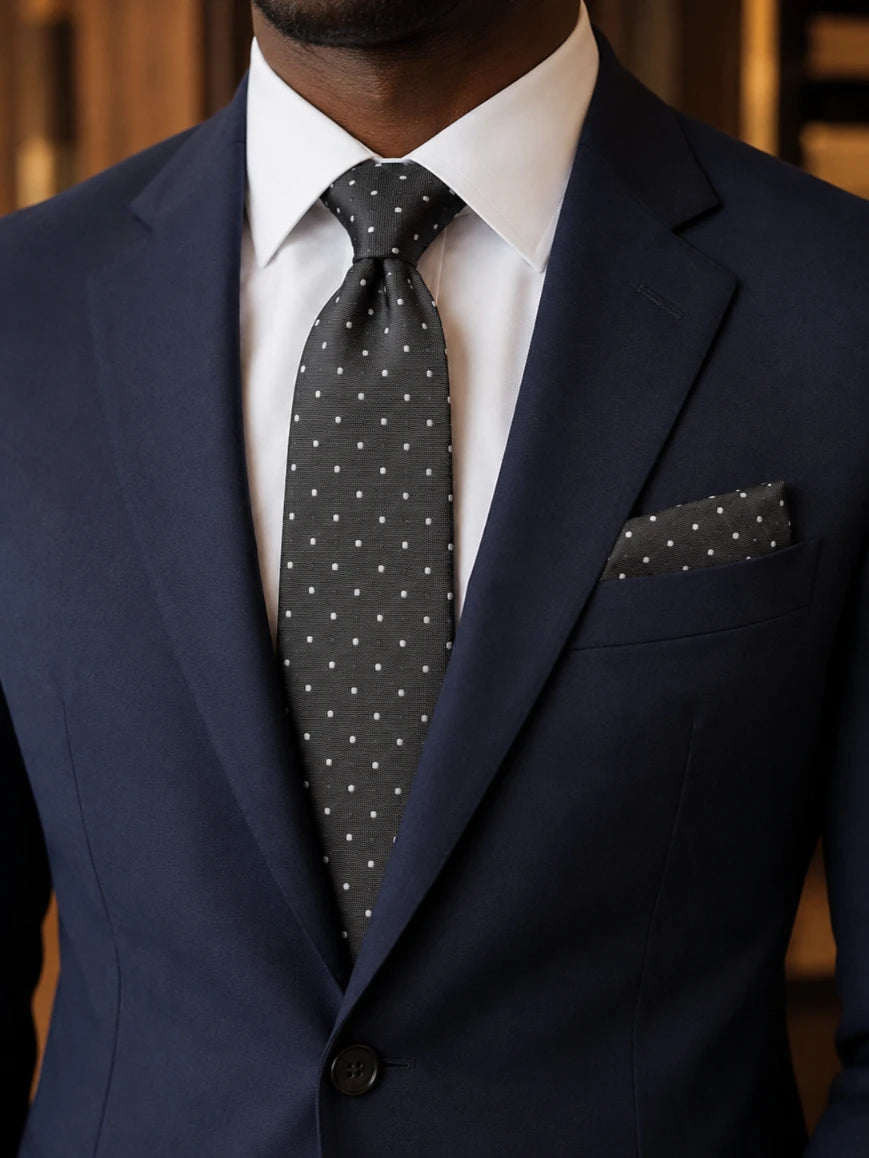 Infynite charcoal grey and white dual polka dot tie and pocket square set styled with a navy suit and white dress shirt