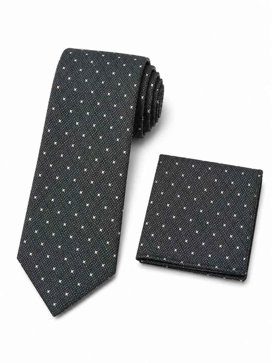Dark Olive Green & White Micro Star-Dot Tie & Pocket Square Set