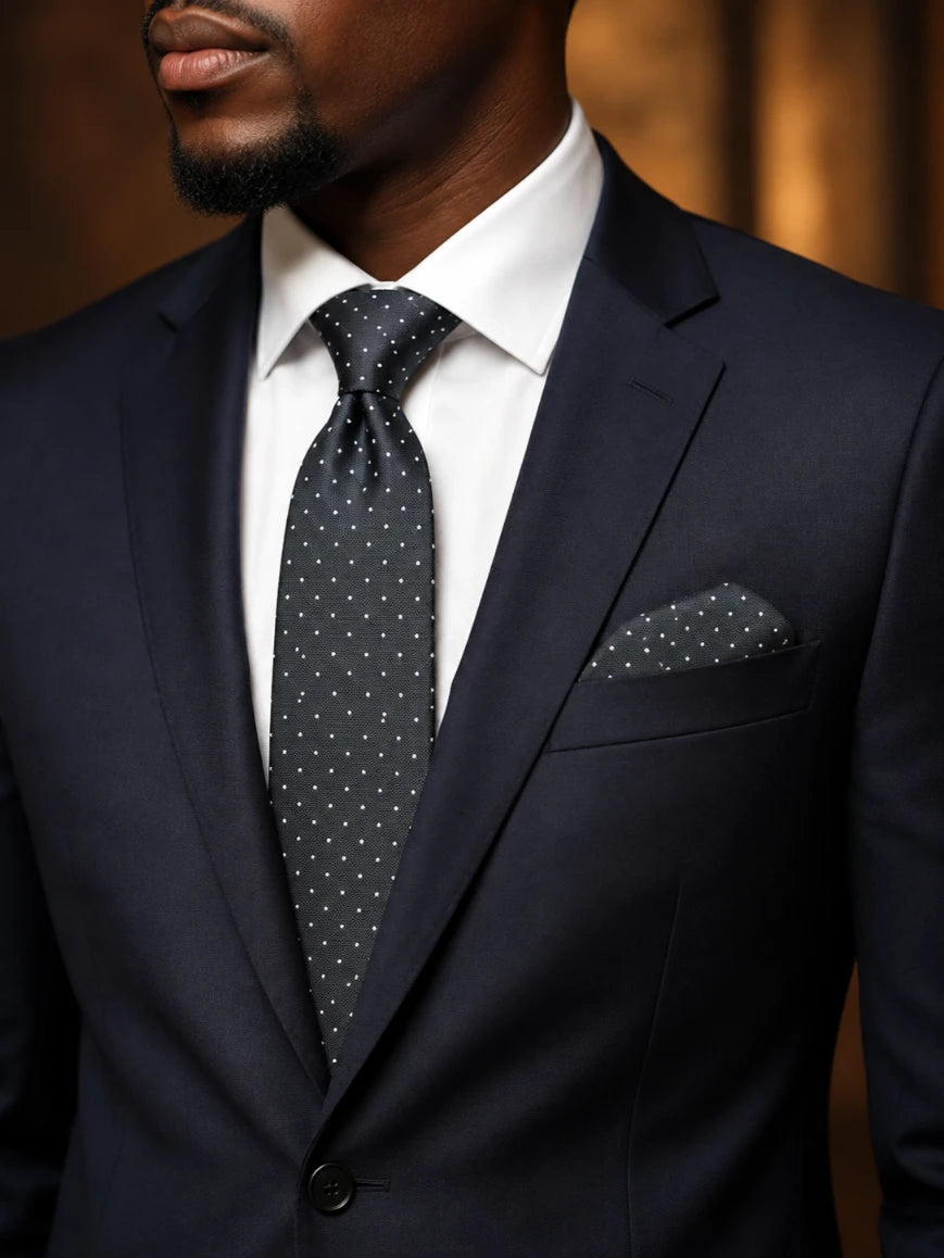 Infynite dark olive green and white micro star-dot tie and pocket square set styled with a navy suit and white dress shirt