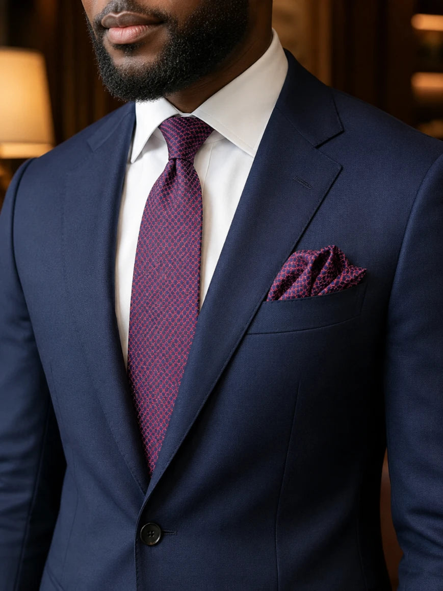 Infynite magenta and navy micro geometric lattice tie and pocket square set styled with a navy suit and white dress shirt
