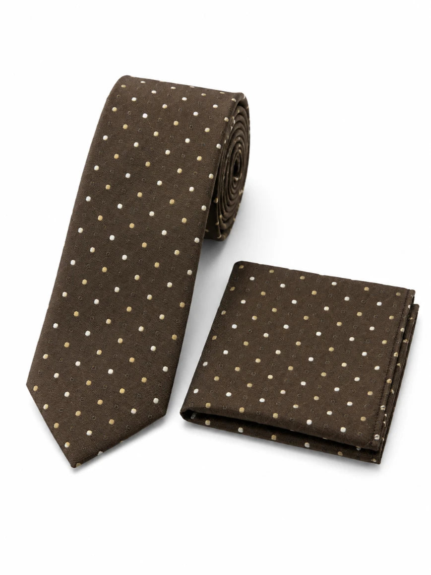 Infynite dark espresso brown and cream polka dot tie and pocket square set with evenly spaced ivory dots on textured woven base laid flat on white background