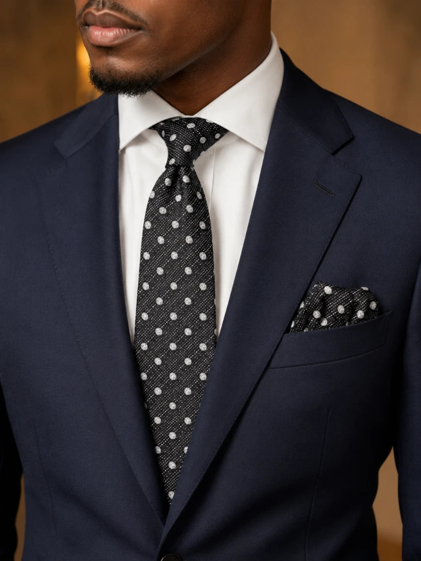Infynite jet black and silver polka dot woven texture tie and pocket square set styled with a navy suit and white dress shirt