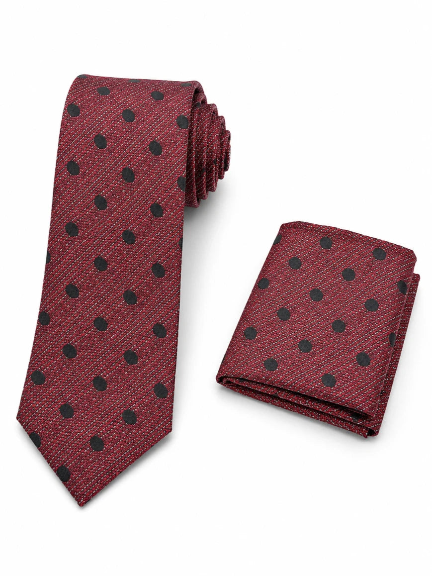 Infynite deep wine red and charcoal polka dot linen-texture tie and pocket square set with evenly spaced dark dots on textured woven base laid flat on white background