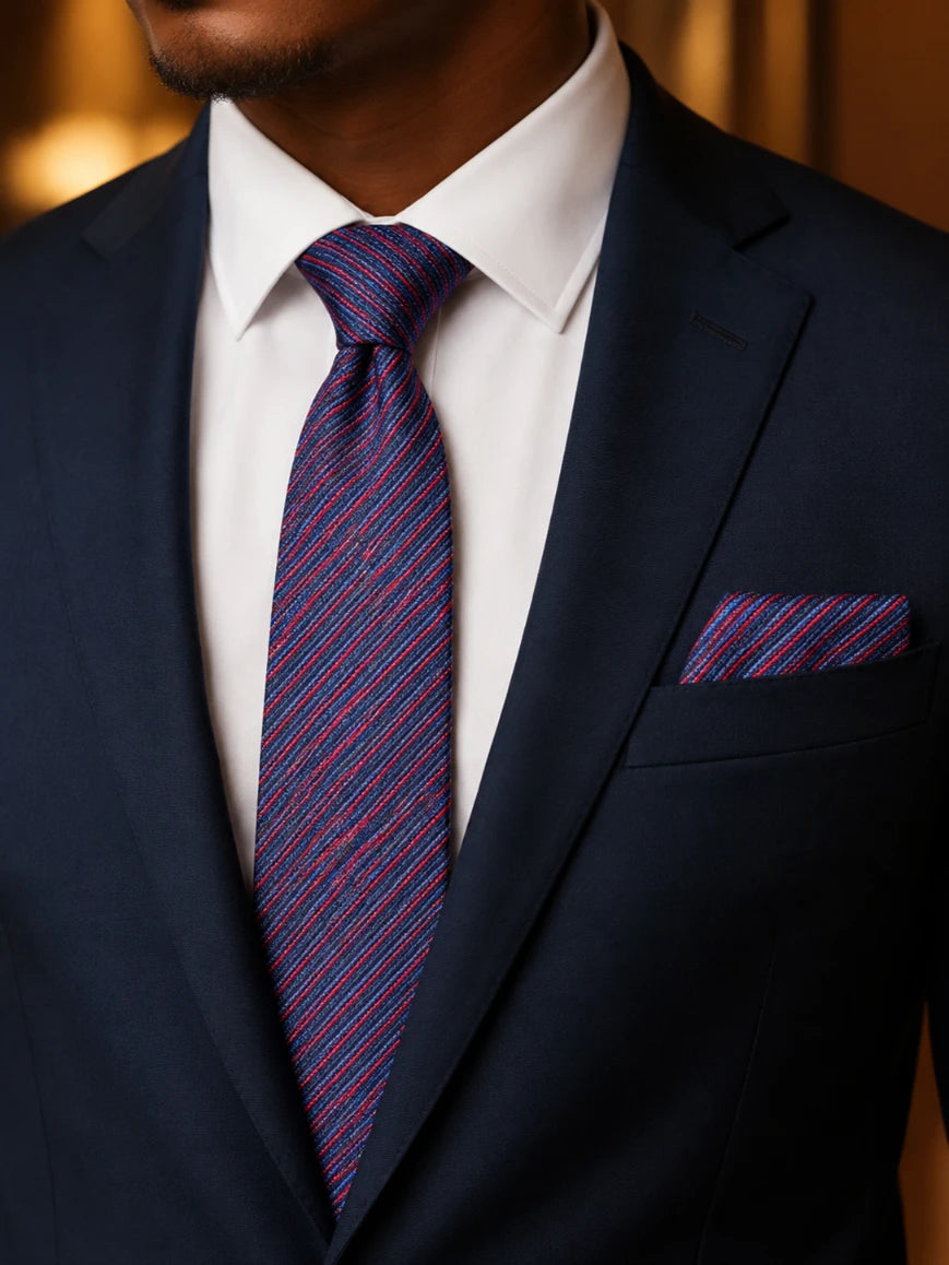 Infynite navy and magenta dual micro-stripe tie and pocket square set styled with a navy suit and white dress shirt