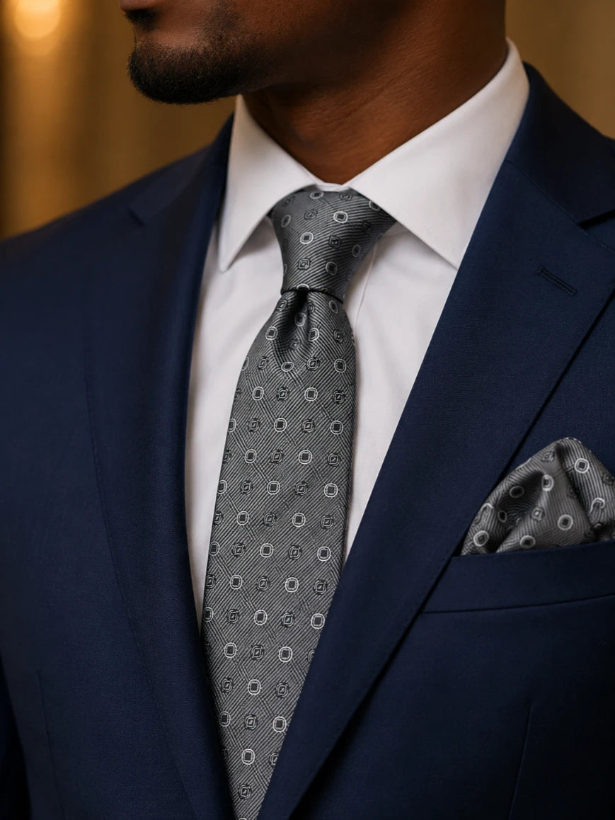Infynite steel grey tonal circle and square medallion tie and pocket square set styled with a navy suit and white dress shirt