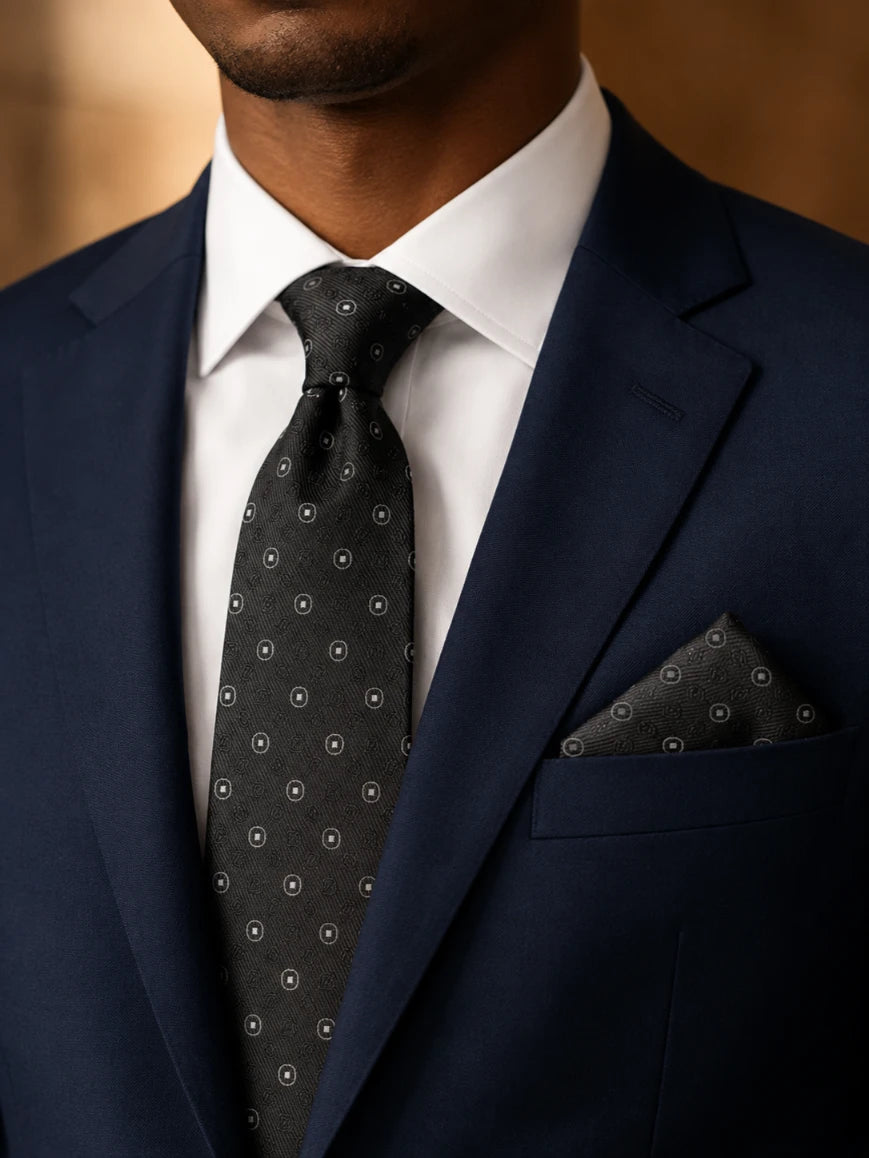 Infynite jet black micro circle-square medallion jacquard tie and pocket square set styled with a navy suit and white dress shirt