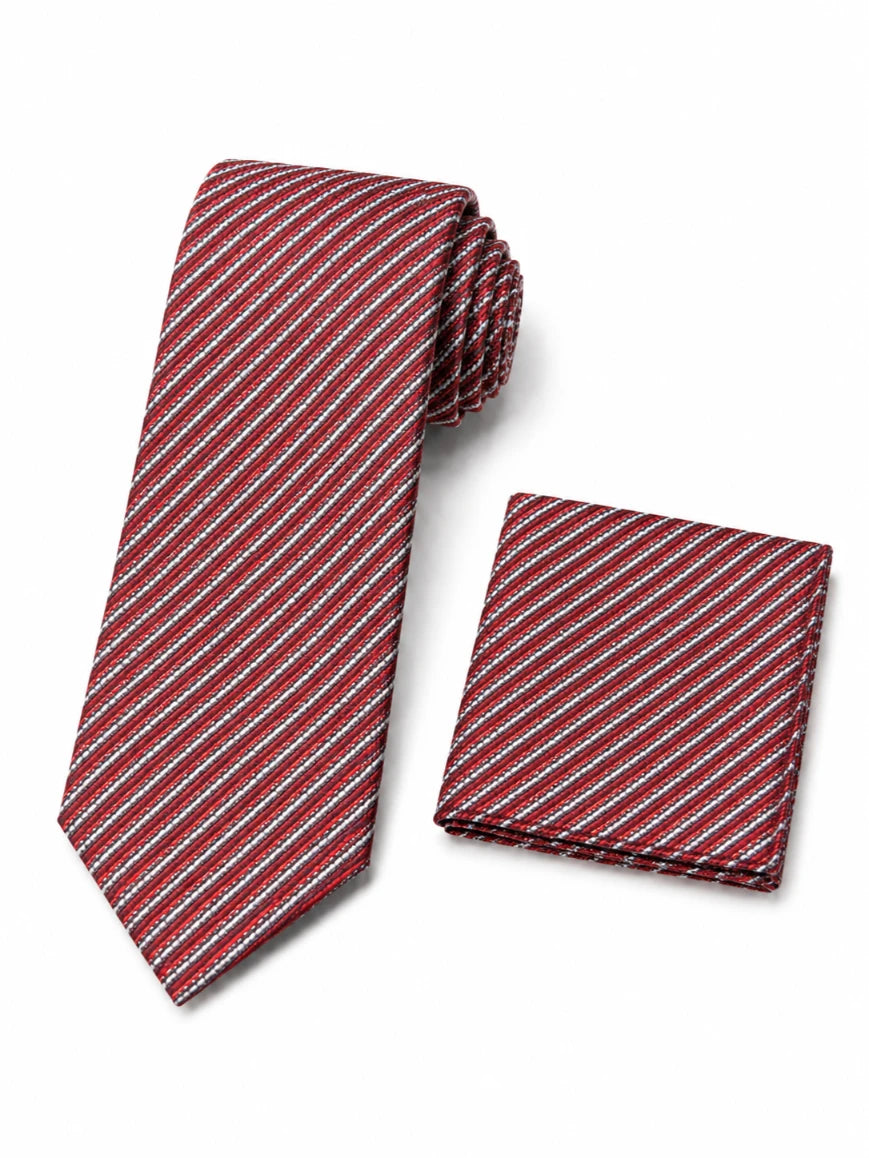 Infynite crimson red and silver-white multi micro-stripe tie and pocket square set with tightly woven alternating diagonal stripes laid flat on white background