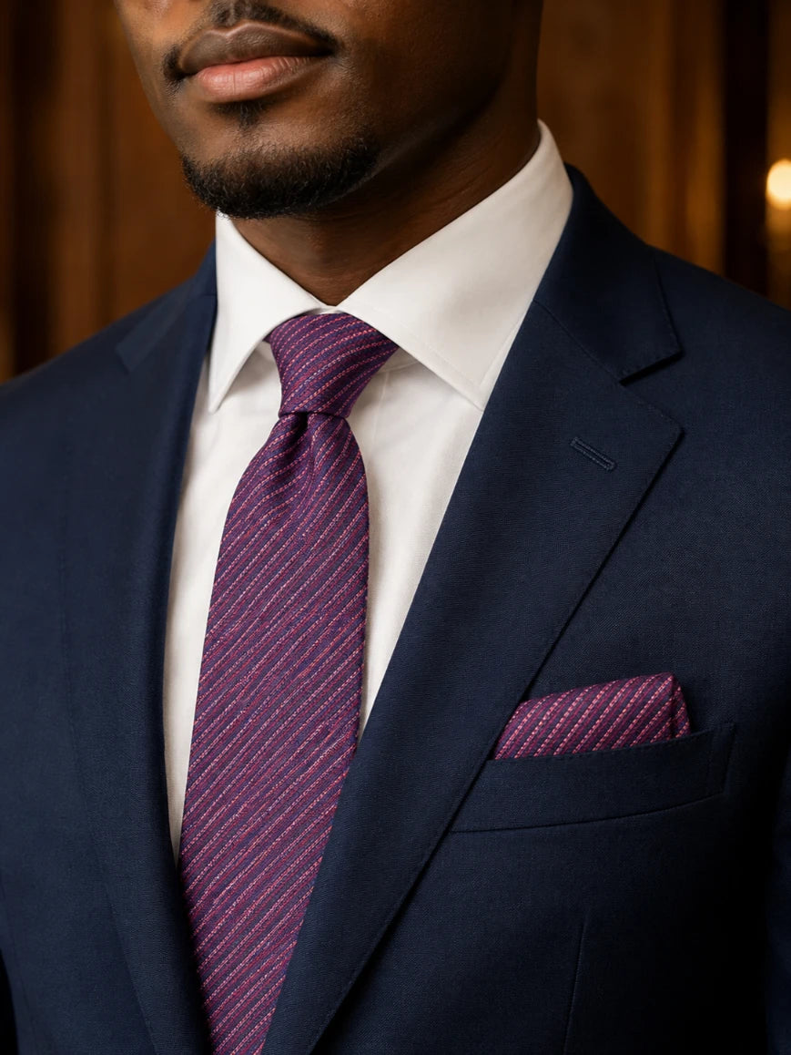 Infynite deep plum and rose pink tonal micro-stripe tie and pocket square set styled with a navy suit and white dress shirt