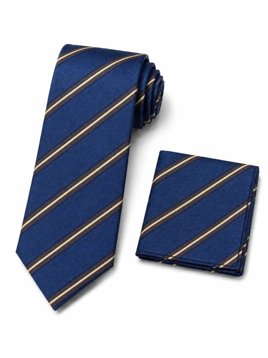 Infynite royal blue and gold regimental stripe tie and pocket square set with dark brown shadow stripe and cream accent line on fine ribbed woven base laid flat on white background