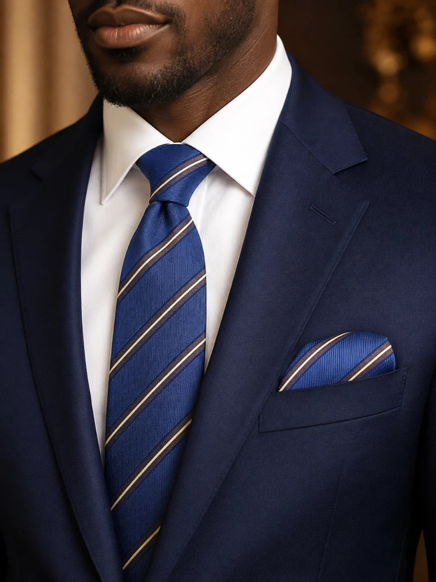 Infynite royal blue and gold regimental stripe tie and pocket square set styled with a navy suit and white dress shirt