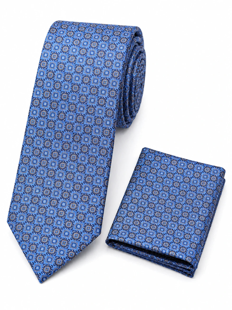 Blue patterned tie and matching pocket square on a white background
