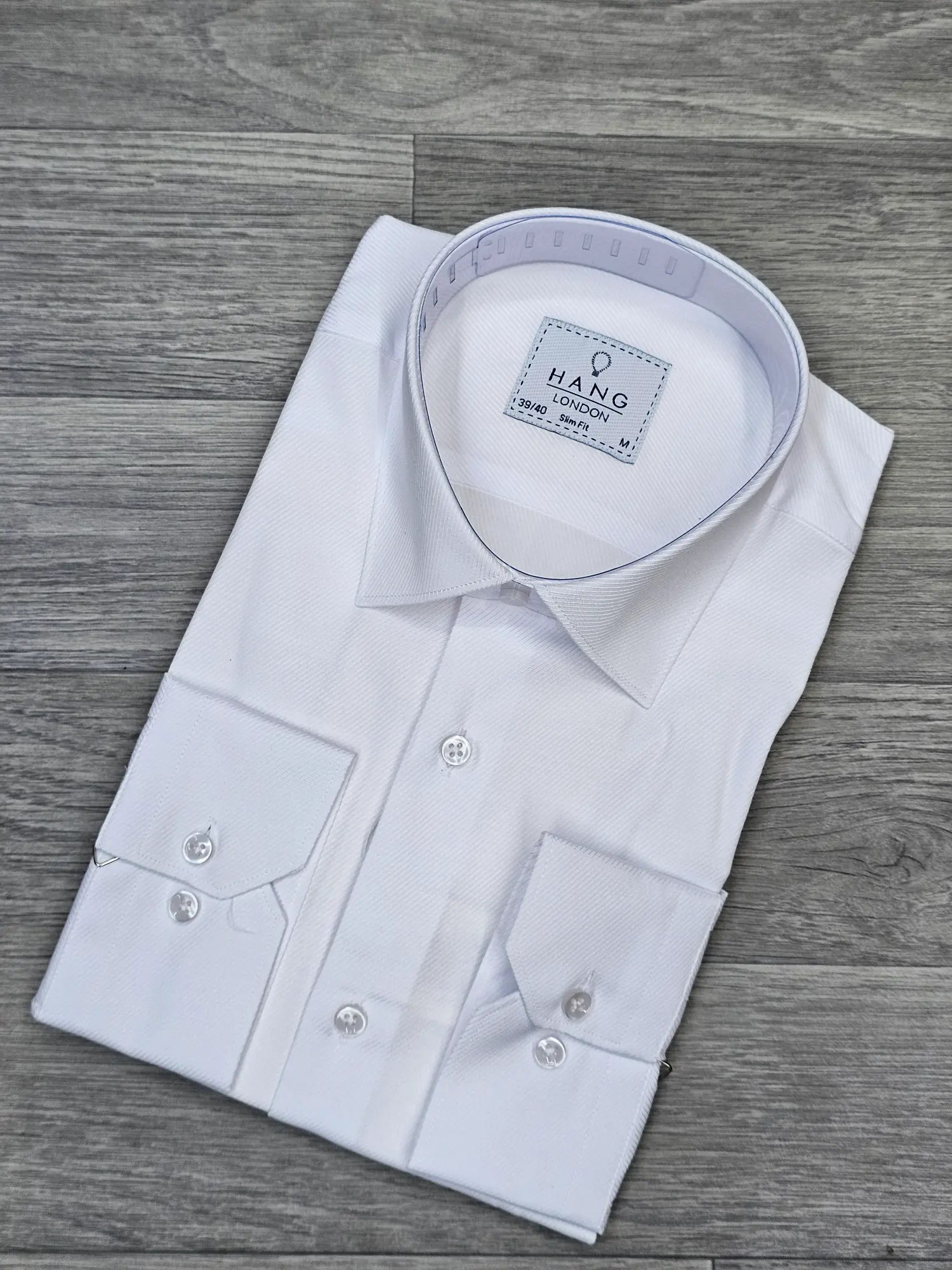 HANG London Men's Slim Fit White Herringbone Dress Shirt with Spread Collar"