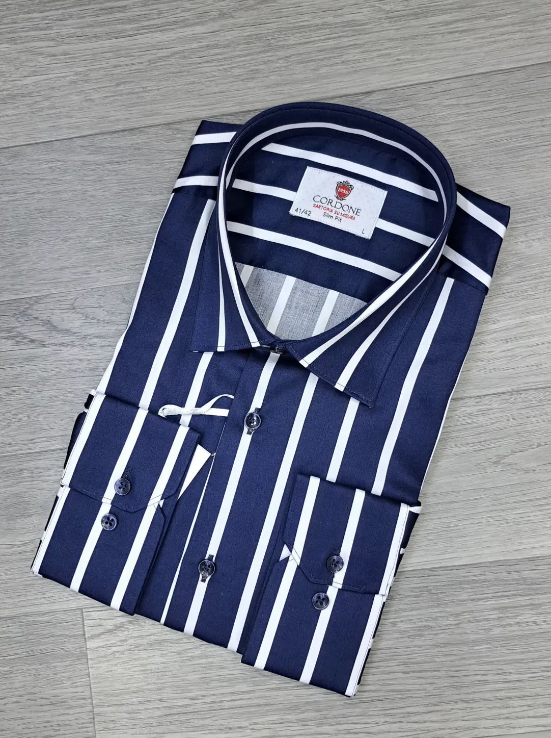 Cordone Navy Blue and Red Striped Shirt