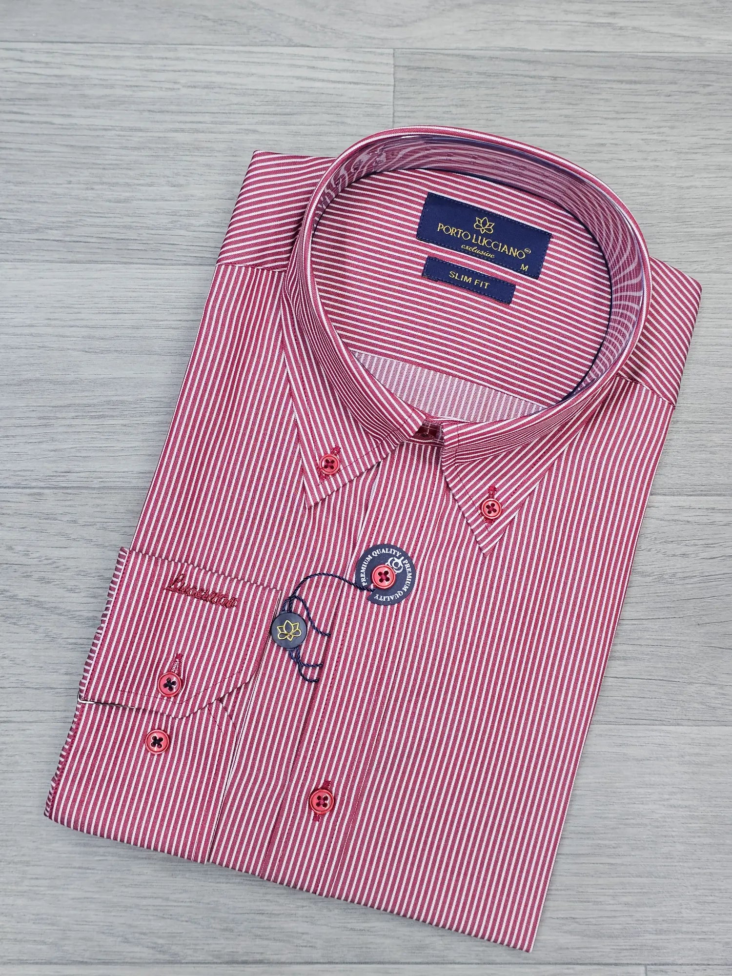Porto Lucciano Red and White Fine Stripe Slim Fit Men's Dress Shirt with Button Down Collar