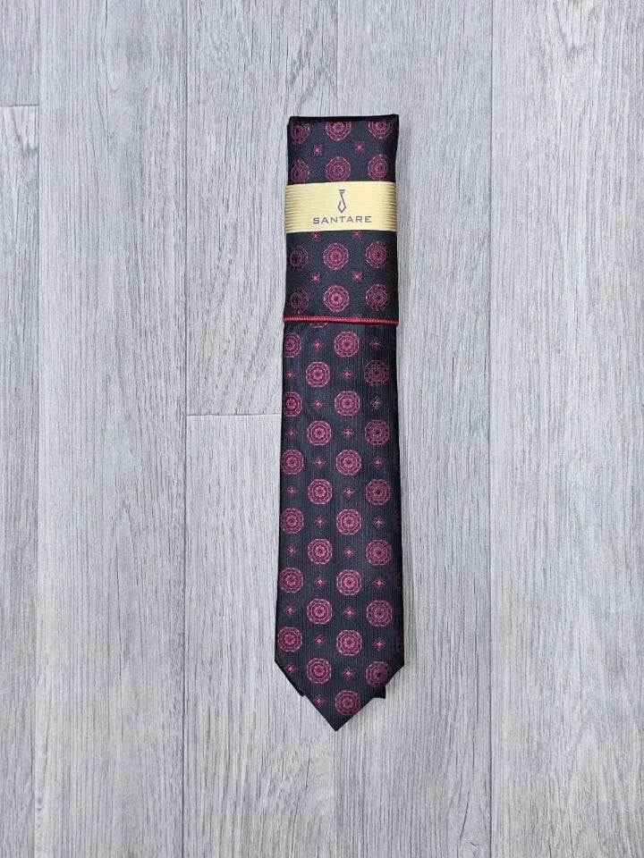 Santare Black Burgundy Medallion Tie & Pocket Square Set