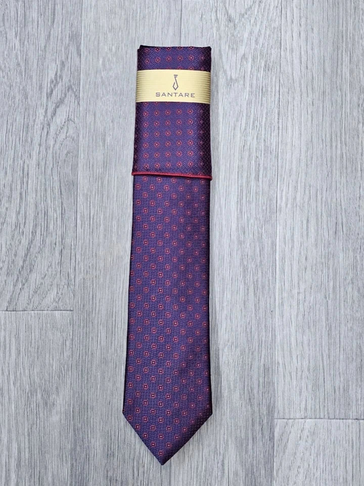 Santare Burgundy Red Geometric Tie & Pocket Square Set