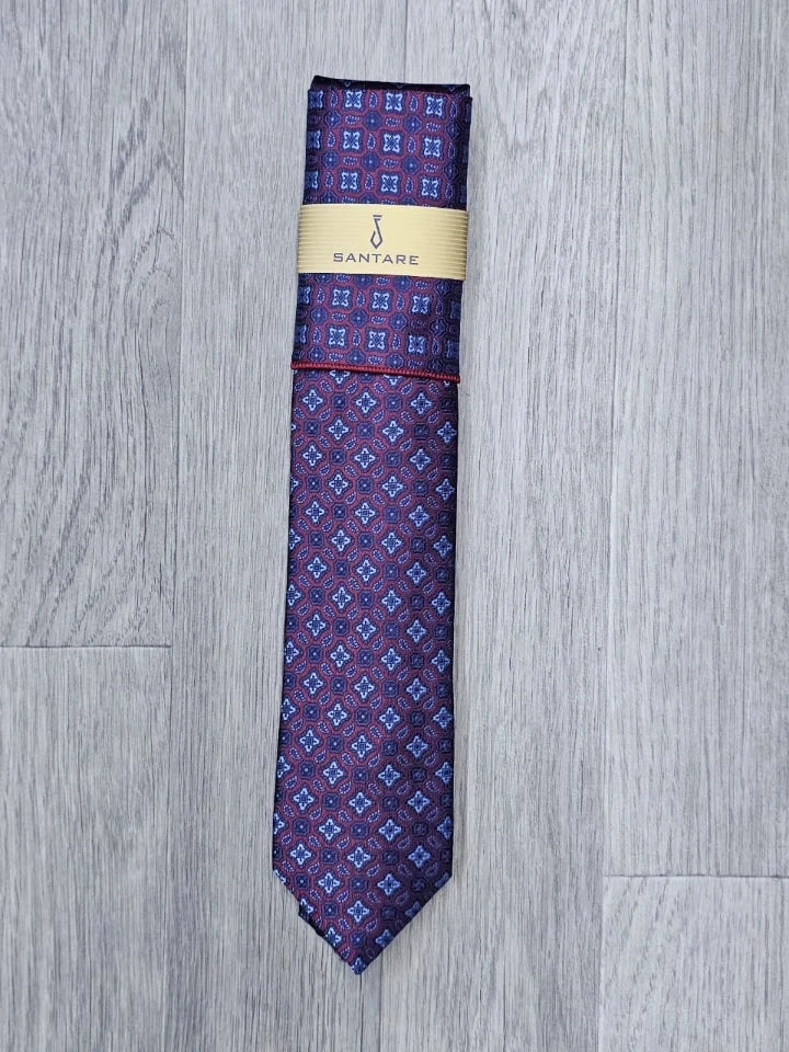 Santare Burgundy Blue Medallion Tie & Pocket Square Set