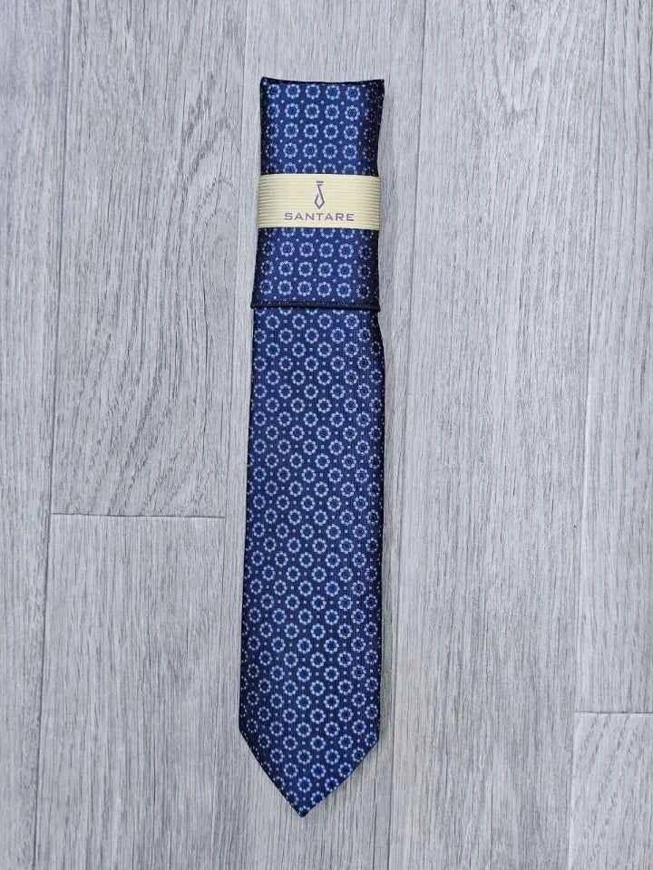 Santare Navy Blue Medallion Tie & Pocket Square Set
