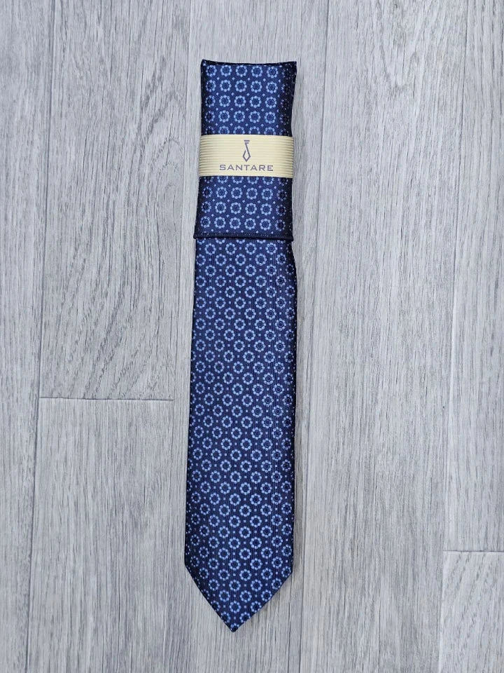 Santare Navy Blue Medallion Tie & Pocket Square Set