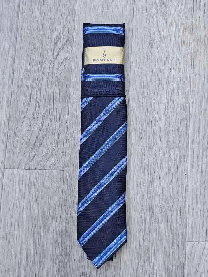 Santare Navy Blue Striped Tie & Pocket Square Set