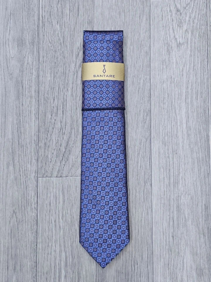 Santare Royal Blue Geometric Tie & Pocket Square Set