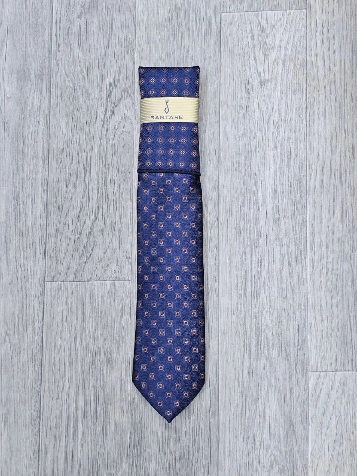 Santare Navy Copper Geometric Tie & Pocket Square Set