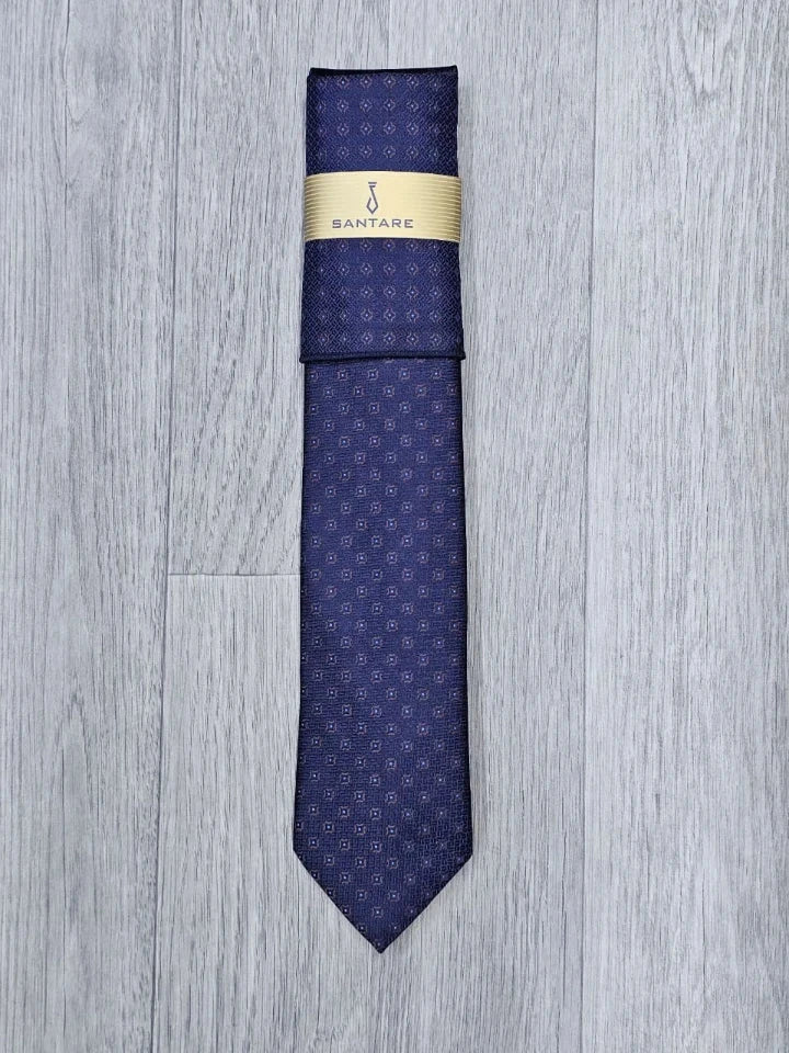 Santare Deep Navy Geometric Tie & Pocket Square Set