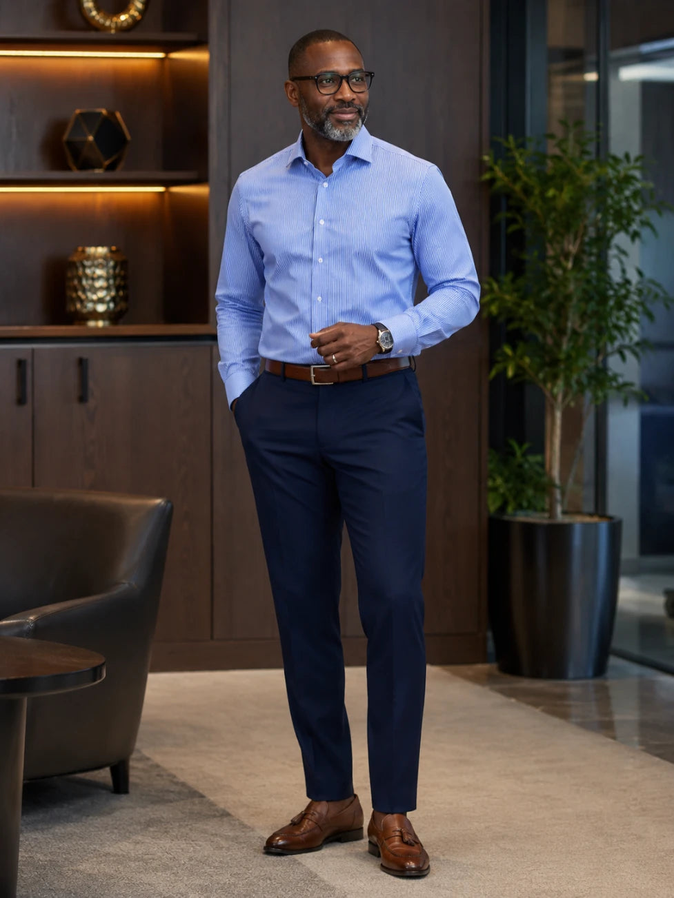 Infynite Blue Pinstripe Slim Fit Dress Shirt – premium men's menswear > shirts – view 2