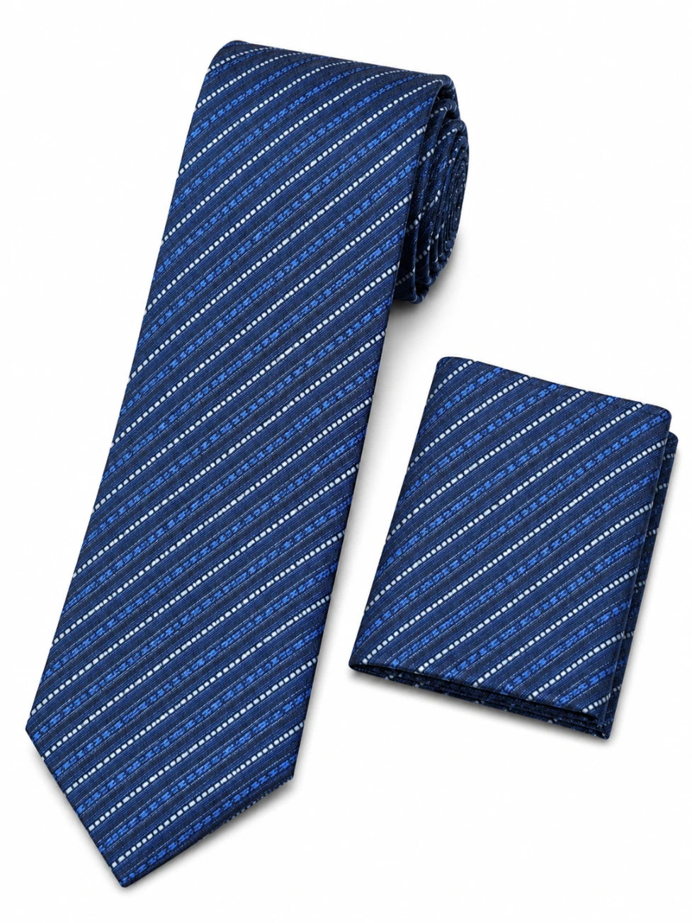 Blue striped tie and matching pocket square on a white background
